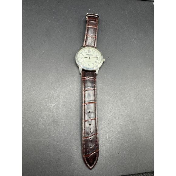 Ensemble Quartz Silver Tone White Dial Round Case Brown Leather Band Watch